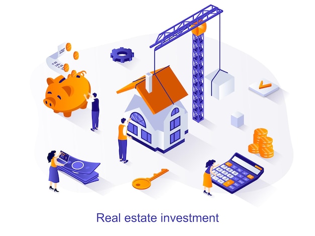 Concepto web isométrico de inversión inmobiliaria Las personas que construyen casas nuevas invierten dinero
