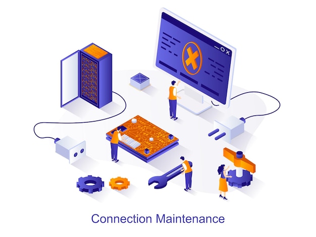 Concepto web isométrico de mantenimiento de conexión.La gente configura la señal de Internet en la computadora.