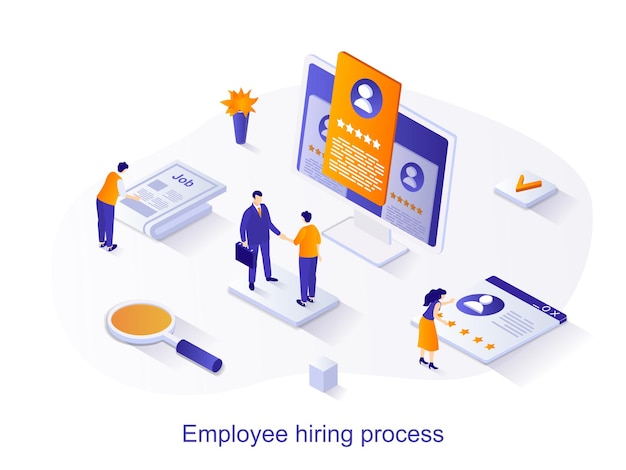 Concepto web isométrico del proceso de contratación de empleados.La gente mira el currículum y elige al candidato.