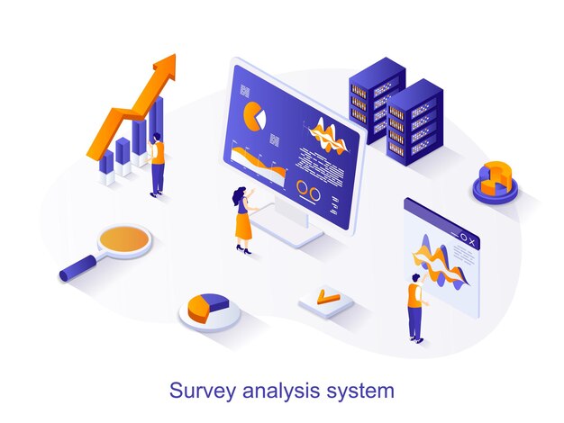 Concepto web isométrico del sistema de análisis de encuestas Las personas analizan los datos de la opinión del cliente
