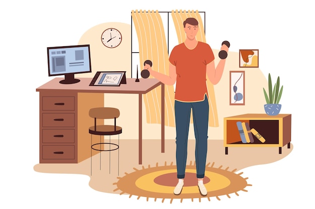 Concepto de web de lugar de trabajo. Hombre haciendo ejercicio con pesas en la oficina. Freelancer o trabajador remoto entrenando deportes en una habitación con decoración.