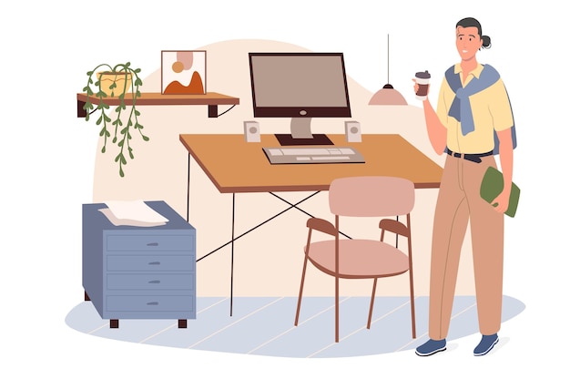 Concepto de web de lugar de trabajo. Mujer tomando café de pie junto a la computadora de escritorio. La empresaria trabajando en una oficina cómoda