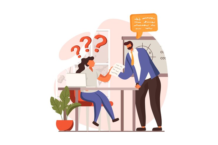Vector concepto web de maestro de escuela en diseño plano tutor de hombre ayuda a colegiala con lecciones y respuestas
