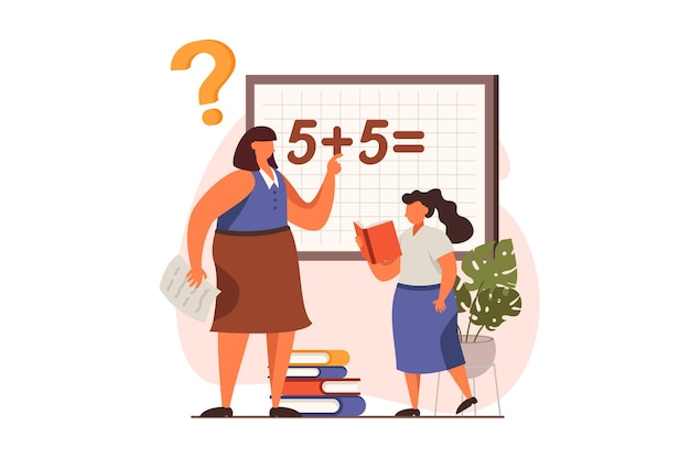 Concepto web de maestro de escuela en diseño plano tutor de mujer haciendo preguntas resolviendo colegiala