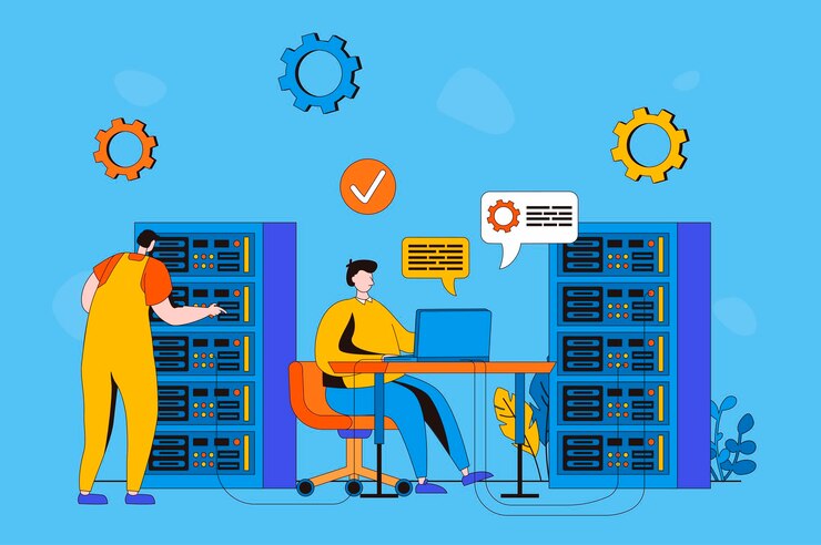 Vector concepto web de mantenimiento del servidor en diseño plano 2d el equipo de ingenieros trabaja en la optimización de la sala del servidor