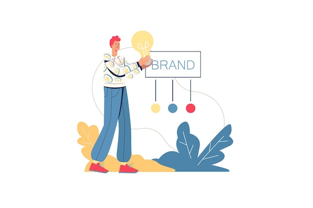 Concepto web de marca. El diseñador masculino desarrolla la identidad de la marca, crea una imagen empresarial positiva, promueve la puesta en marcha de los clientes, una escena mínima de personas. Ilustración de vector de diseño plano para sitio web
