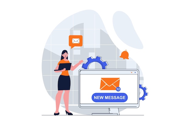 Concepto web de marketing por correo electrónico con escena de personaje Mujer que recibe notificaciones de nuevos correos publicitarios Situación de personas en diseño plano Ilustración vectorial para material de marketing en redes sociales