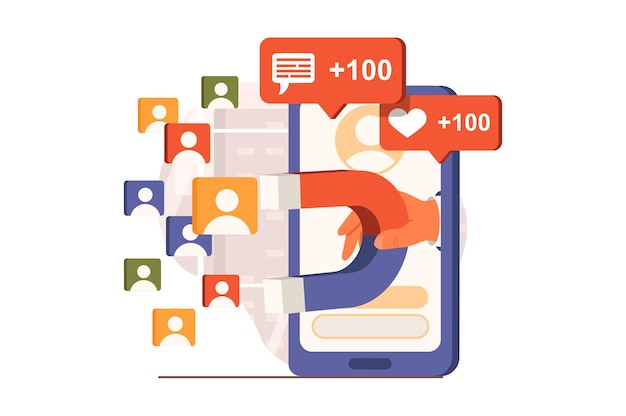 Concepto web de marketing en diseño plano Mano humana sosteniendo un imán y atrayendo nuevos clientes en redes sociales