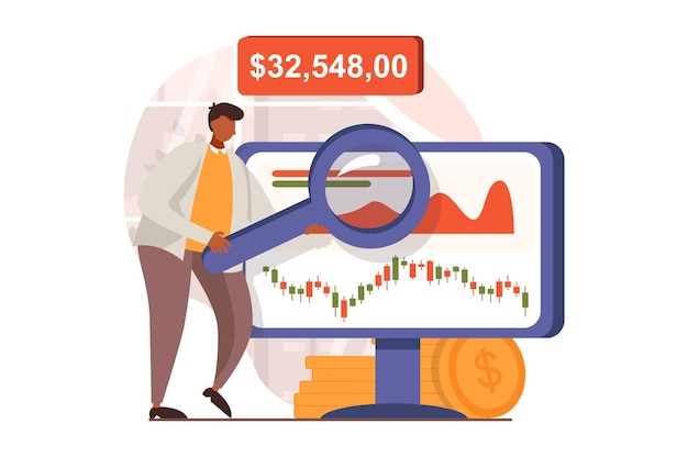 Concepto web del mercado de valores en diseño plano Corredor de hombre analizando tendencias e investigando creaciones de mercado