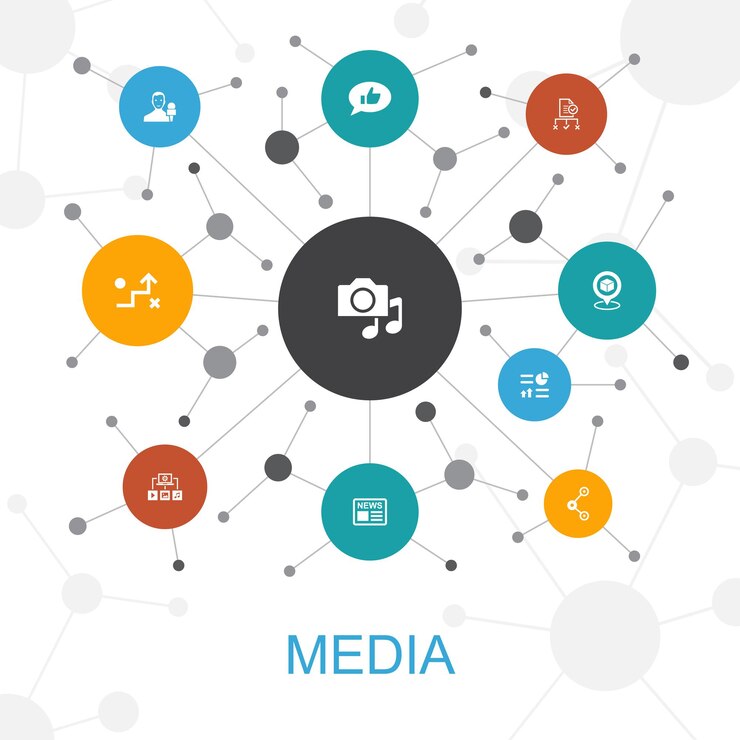 Vector concepto de web de moda de los medios de comunicación con iconos. contiene iconos como noticias, reportero, infografías, plan de medios