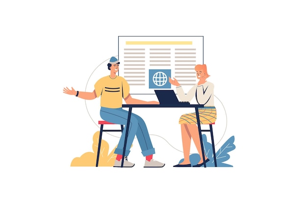 Concepto de web de noticias de Internet. El hombre y la mujer trabajan en los medios online, discutiendo los últimos acontecimientos mundiales. Los periodistas trabajan en la oficina, escena mínima de personas. Ilustración de vector de diseño plano para sitio web
