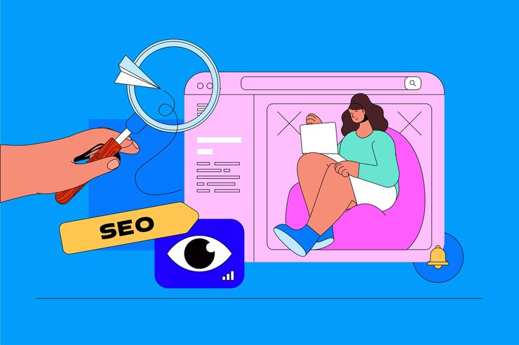 Vector concepto web de optimización seo con escena de personaje mujer haciendo investigación de datos y palabras clave para la configuración del motor de búsqueda situación de la gente en diseño plano ilustración vectorial para material de marketing