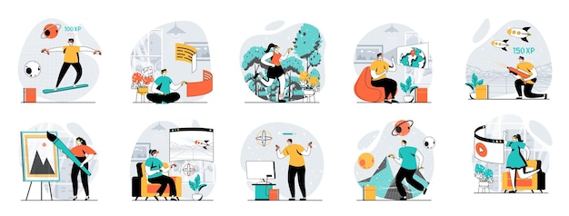 Concepto de web de realidad virtual con personas escenas mega configurado en diseño plano paquete de situaciones de personajes con juegos trabajando estudiando dibujo en gafas VR en espacio aumentado ilustraciones vectoriales