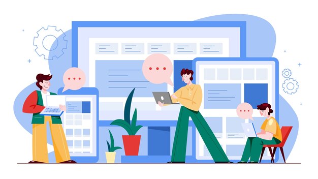 Concepto web receptivo. Interfaz móvil y de computadora. Tecnología digital. ilustración en estilo de dibujos animados