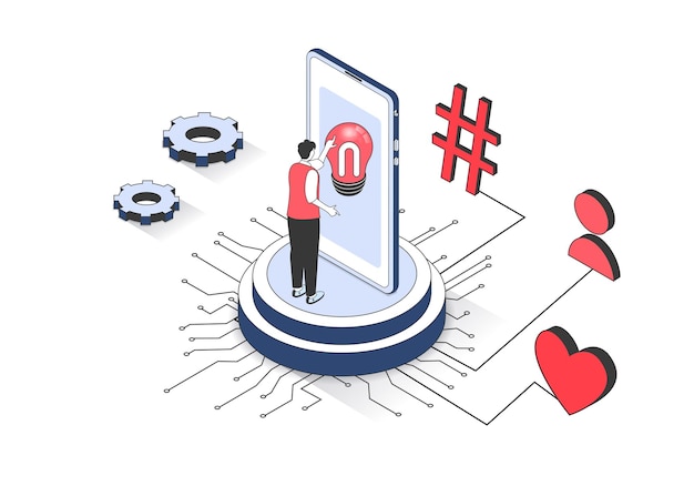 Concepto web de redes sociales en diseño isométrico 3D Comunicación en línea emoticon influencia y seguir Línea de producción de telas abstractas en isometría gráfico para cartel corporativo Ilustración vectorial