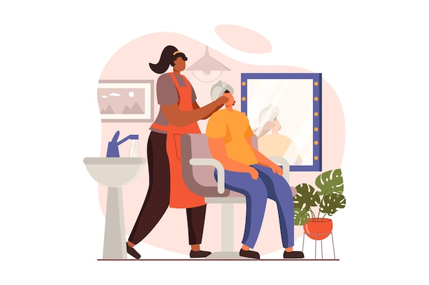 Concepto web de salón de spa en diseño plano Cosmetóloga profesional hace masaje facial para clienta en clínica de cosmetología Mujer recibe tratamiento de belleza Ilustración vectorial con escena de personas