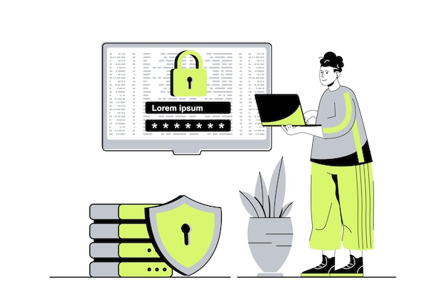 Concepto web de seguridad cibernética con personas de dibujos animados planos para el diseño de sitios web Hombre obteniendo acceso a su cuenta personal de Internet utilizando un escudo de contraseñas y un sistema seguro de cifrado en línea Ilustración vectorial