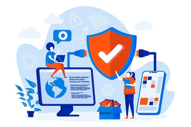 Concepto de web de seguridad de red con ilustración de personajes de personas