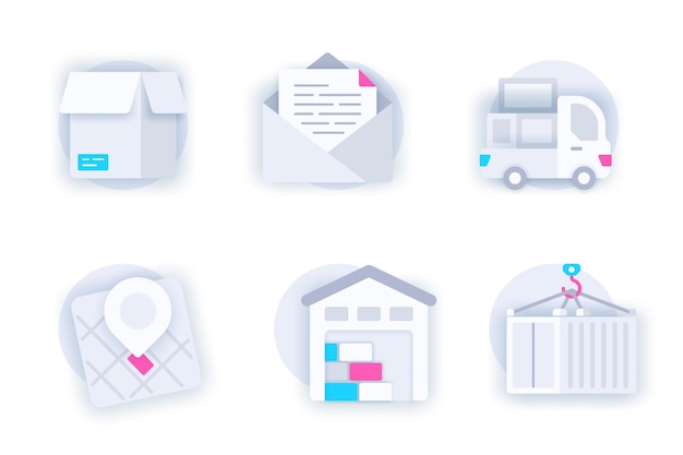 Concepto web de servicio de entrega de conjunto de iconos de papel 3d paquete de pictogramas planos de carta de caja de paquete
