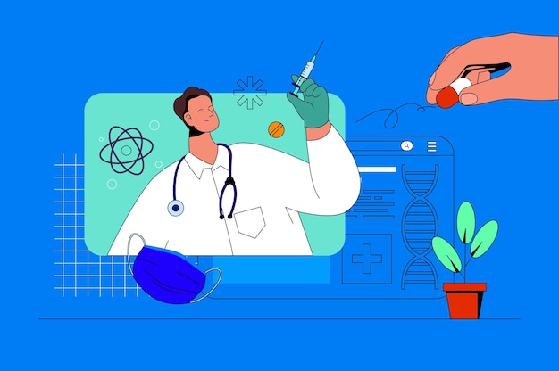 Concepto web de servicio médico con escena de personaje Médico que consulta al paciente en línea prescribe tratamiento y vacunación Situación de las personas en diseño plano Ilustración vectorial para material de marketing