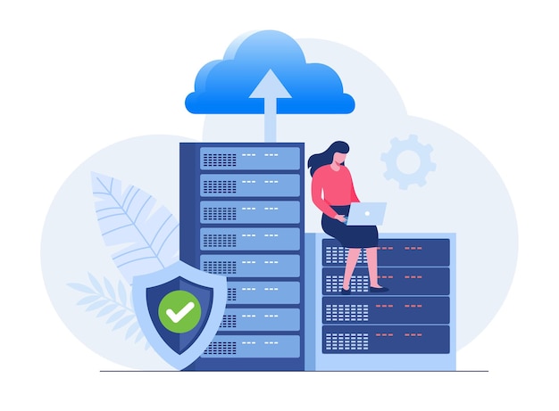 Concepto web de servidor de datos base de datos de tecnología de almacenamiento plantilla de escena de personas ilustración vectorial con actividades de carácter en diseño plano para centro de datos de carpeta de sitio web