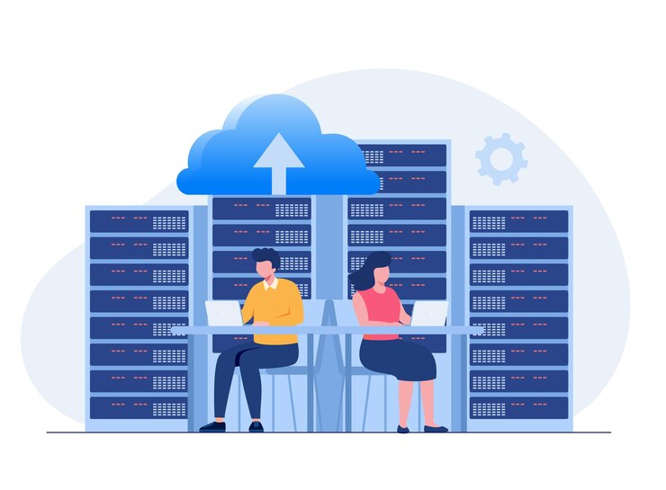 Vector concepto web de servidor de datos base de datos de tecnología de almacenamiento plantilla de escena de personas ilustración vectorial con actividades de carácter en diseño plano para centro de datos de carpeta de sitio web