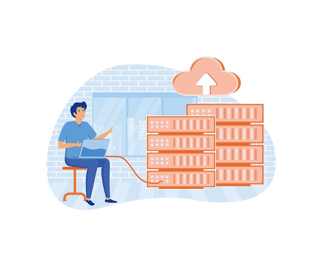 Concepto web de servidor de datos Técnico trabaja en racks de salas de servidores Tecnología de almacenamiento en nube Base de datos vectorial plano Ilustración moderna