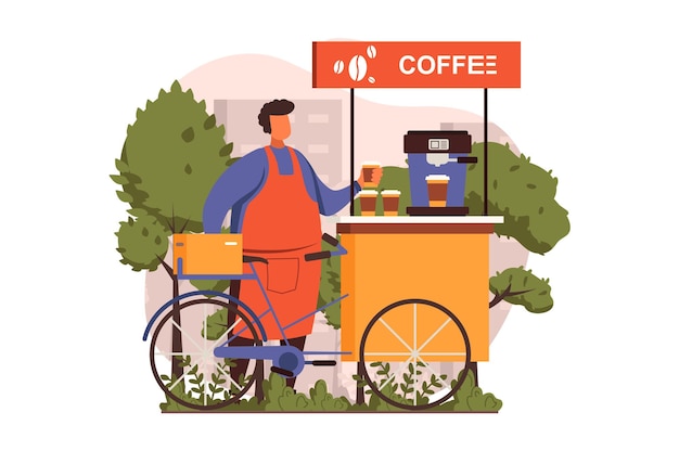 Concepto web de tiendas callejeras en diseño plano hombre con bicicleta comprando una taza de café en un puesto callejero cliente comprando bebidas en un quiosco patio de comidas en el mercado de la ciudad ilustración vectorial con escena de personas