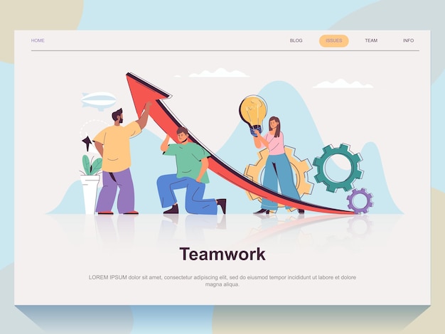 Concepto web de trabajo en equipo para la página de inicio en diseño plano Hombre y mujer trabajando juntos en colaboración y apoyando el aumento del crecimiento de la flecha Ilustración vectorial con escena de personas para la página de inicio del sitio web