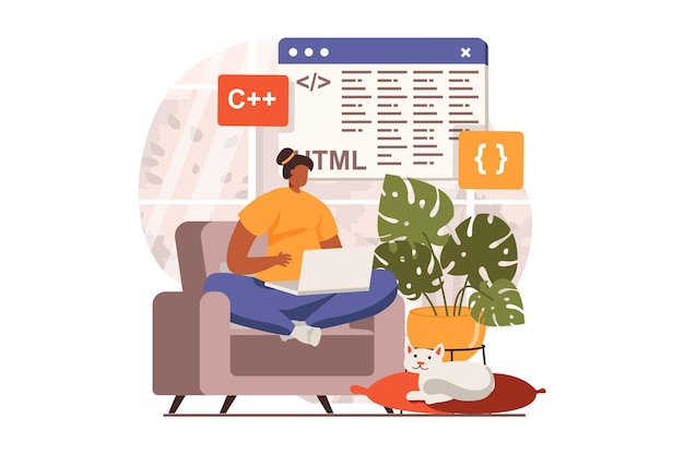 Concepto web de trabajo independiente en diseño plano Mujer desarrolladora programando y creando software