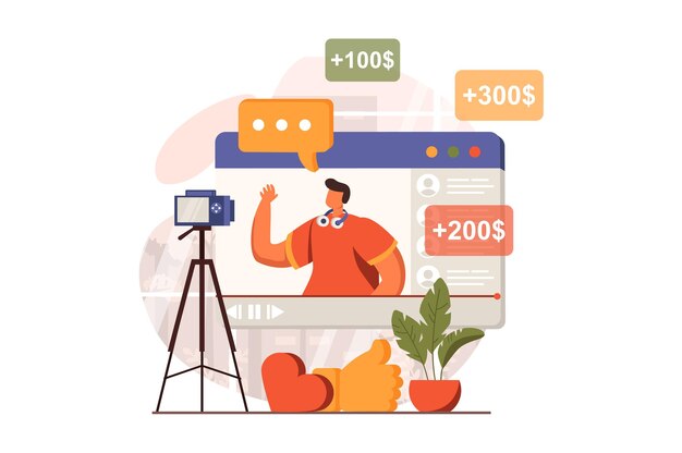 Concepto web de transmisión de video en diseño plano Hombre blogger hace que la transmisión en vivo se comunique