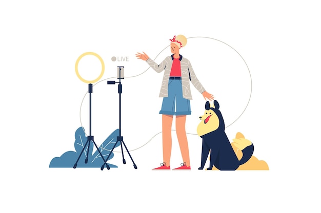 Concepto web de transmisión en vivo. Blogger se comunica en línea con los suscriptores en transmisión de video. Mujer con perro transmitiendo en vivo, escena mínima de personas. Ilustración de vector de diseño plano para sitio web