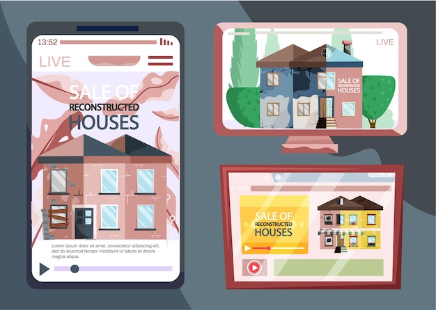 Concepto web de venta de bienes raíces móviles creativos Venta de casas reconstruidas anuncio publicitario banner Servicio de mantenimiento de edificios de renovación de viviendas venta de casas usadas en el mercado secundario