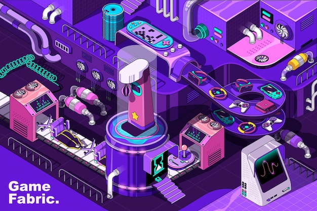Concepto web de videojuegos en diseño isométrico 3D Entretenimiento de juegos con consolas joysticks o gamepads Línea de producción de tejidos abstractos en isometría gráfico para cartel corporativo Ilustración vectorial