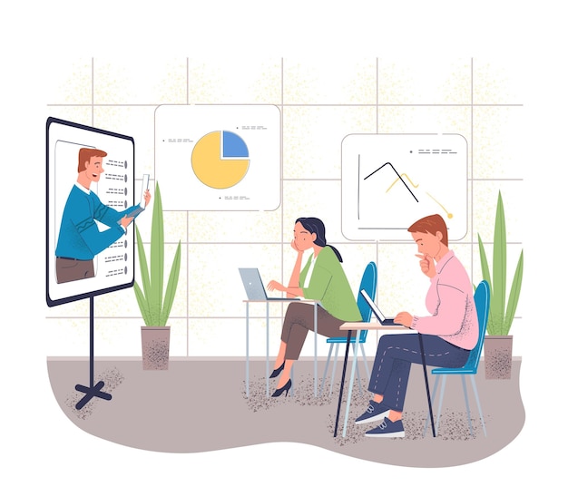 Concepto de webinar de negocios personas con portátiles sentadas y escuchando una conferencia de negocios en línea