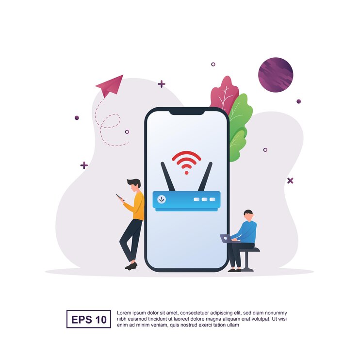 Vector concepto de wifi gratuito con módem wifi y personas que usan wifi.