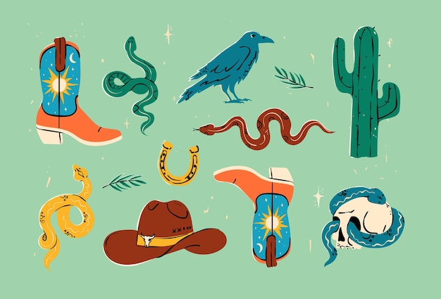 Concepto de Wild West y Cowboy Conjunto vectorial de los diversos objetos y elementos de diseño