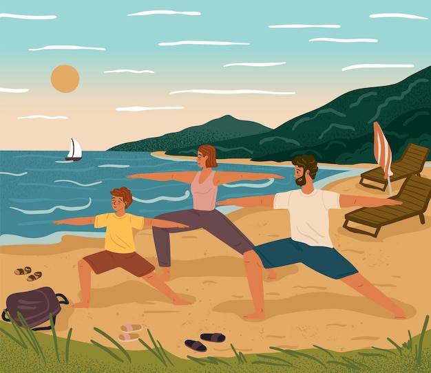 Concepto de yoga al aire libre ilustración vectorial familia feliz entrenando juntos en un estilo de vida saludable en la playa