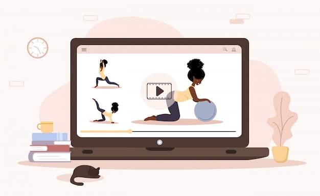 Concepto de yoga y deporte en línea en casa. hacer ejercicios con una aplicación móvil. manténgase saludable y en forma durante la epidemia y la cuarentena. ilustración de mujer africana enseñando yoga a través de internet.