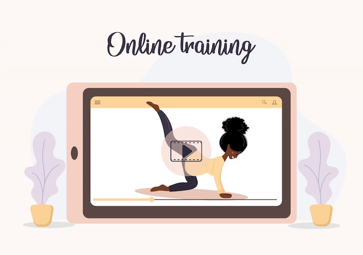 Vector concepto de yoga y deporte en línea en casa. hacer ejercicios con una aplicación móvil. manténgase saludable y en forma durante la epidemia y la cuarentena. ilustración de vector de mujer africana enseñando yoga a través de internet.