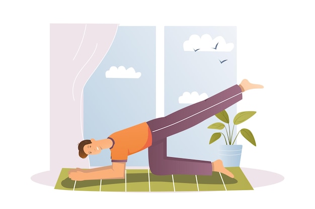 Concepto de yoga con escena de personas en el diseño de dibujos animados planos Un hombre hace yoga para relajarse