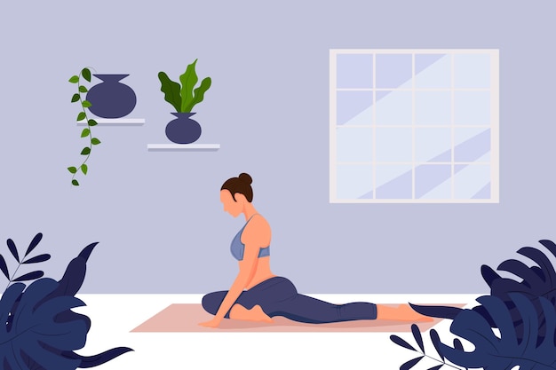 Concepto de yoga en línea pose de yoga chica está haciendo ejercicios físicos y viendo clases en línea en la computadora portátil yoga en línea con instructor en casa banner web aterrizaje ilustración plana