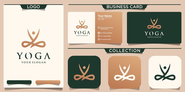 Concepto de yoga logo dorado y diseño de tarjeta de visita.