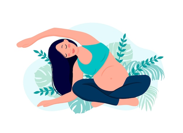 Concepto de yoga para mujeres embarazadas. Relax, meditación para la futura mamá. ilustración vectorial de dibujos animados