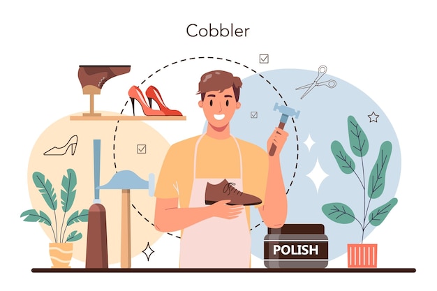 Concepto de zapatero Artesano con un delantal que repara zapatos Zapatos hechos a mano que fabrican profesión de zapatero Ilustración vectorial aislada