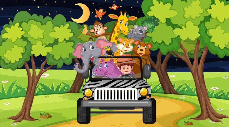 Concepto de zoológico con grupo de animales salvajes en el coche jeep.