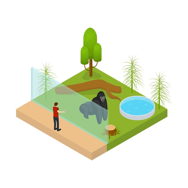 Concepto de zoológico público Vista isométrica 3d Chimpancé en el jardín zoológico Ilustración vectorial