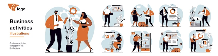 Vector conceptos de actividades empresariales con personas mega escenas establecidas en diseño web plano paquete de situaciones de personajes con tareas de discusión analizar datos desarrollar proyectos crear estrategia ilustraciones vectoriales