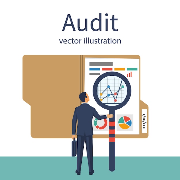 Conceptos de auditoría Auditor con lupa en la mano durante el examen del informe financiero Proceso fiscal Gestión de proyectos de investigación planificación datos de análisis contable Diseño plano vectorial