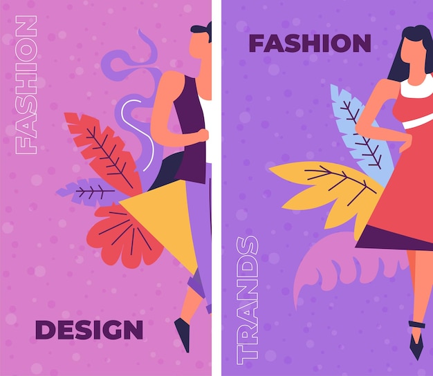 Conceptos básicos de aprendizaje de diseño y moda en cursos y clases Mujeres de moda con ropa elegante hojas decorativas y follaje Aficiones de sastrería y confección Vector en estilo plano